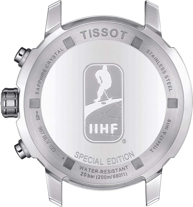 Tissot PRC 200 IIHF caseback showing IIHF logo, special edition, and water resistance marking