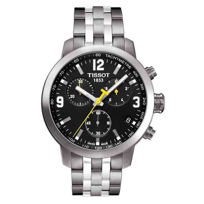 Tissot PRC 200 chronograph watch with black dial, yellow hands and indices, stainless steel case and bracelet