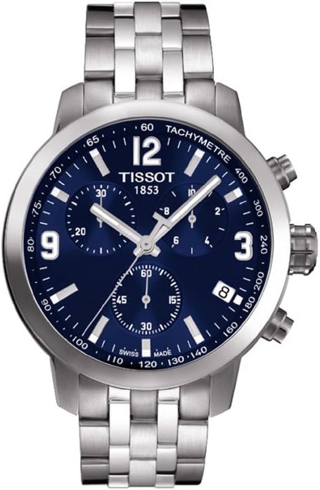 Tissot PRC 200 chronograph watch with blue dial and silver steel bracelet
