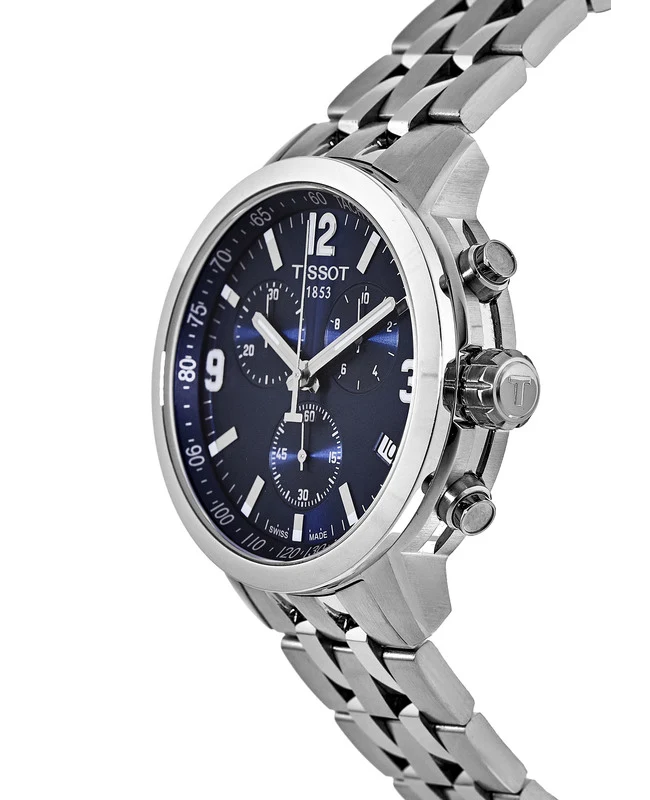 Tissot PRC 200 chronograph watch side view showing case and bracelet