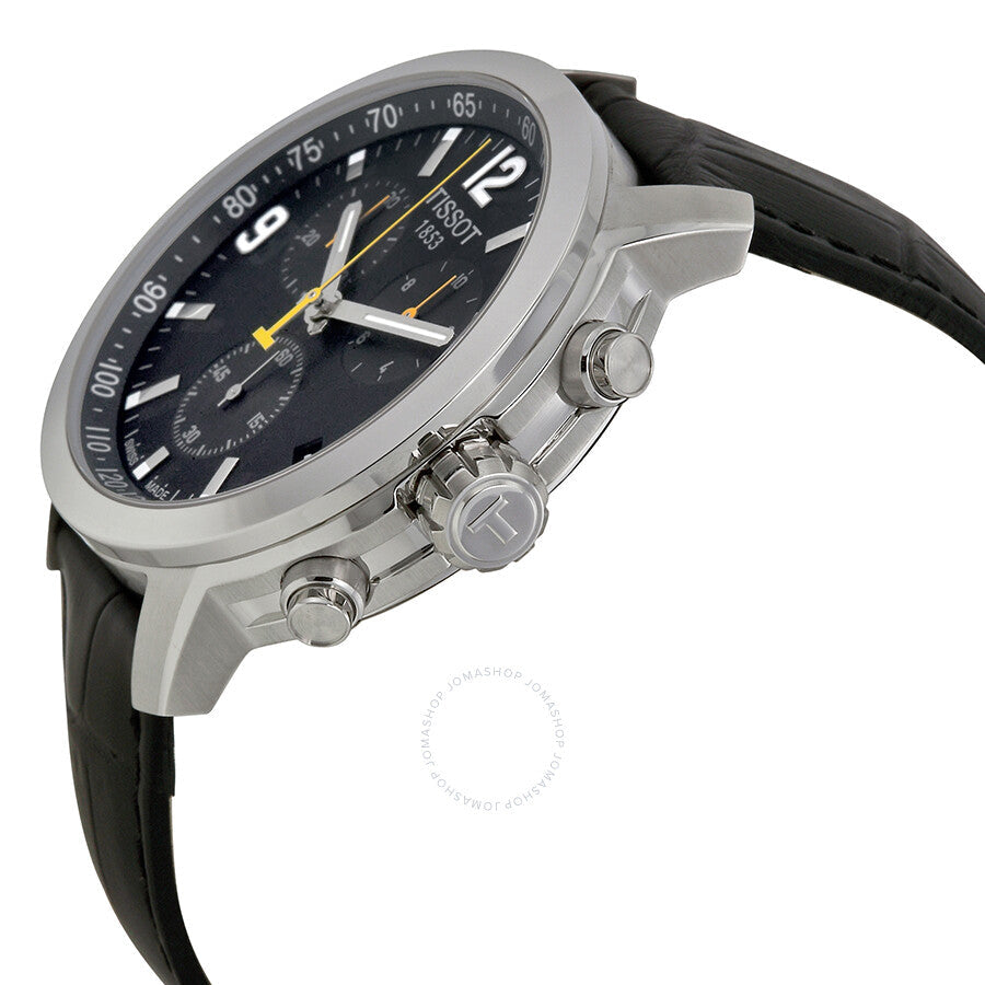 Tissot PRC 200 watch shown at angle displaying chronograph pushers and black leather strap