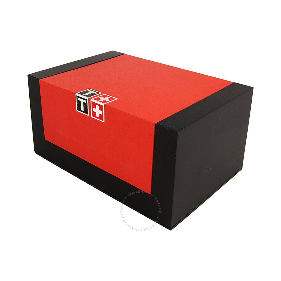Tissot watch presentation box with red lid and Swiss flag branding