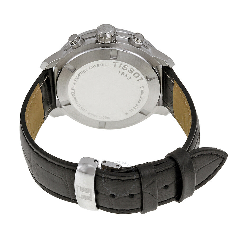 Tissot PRC 200 watch caseback showing stainless steel case and black leather strap