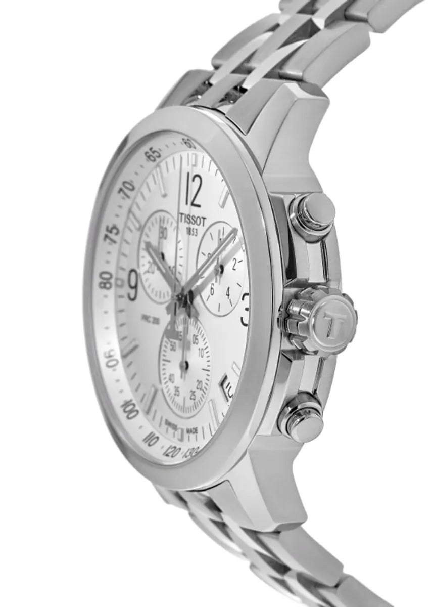 Tissot PRC 200 Chronograph watch side angle view showing case and bracelet