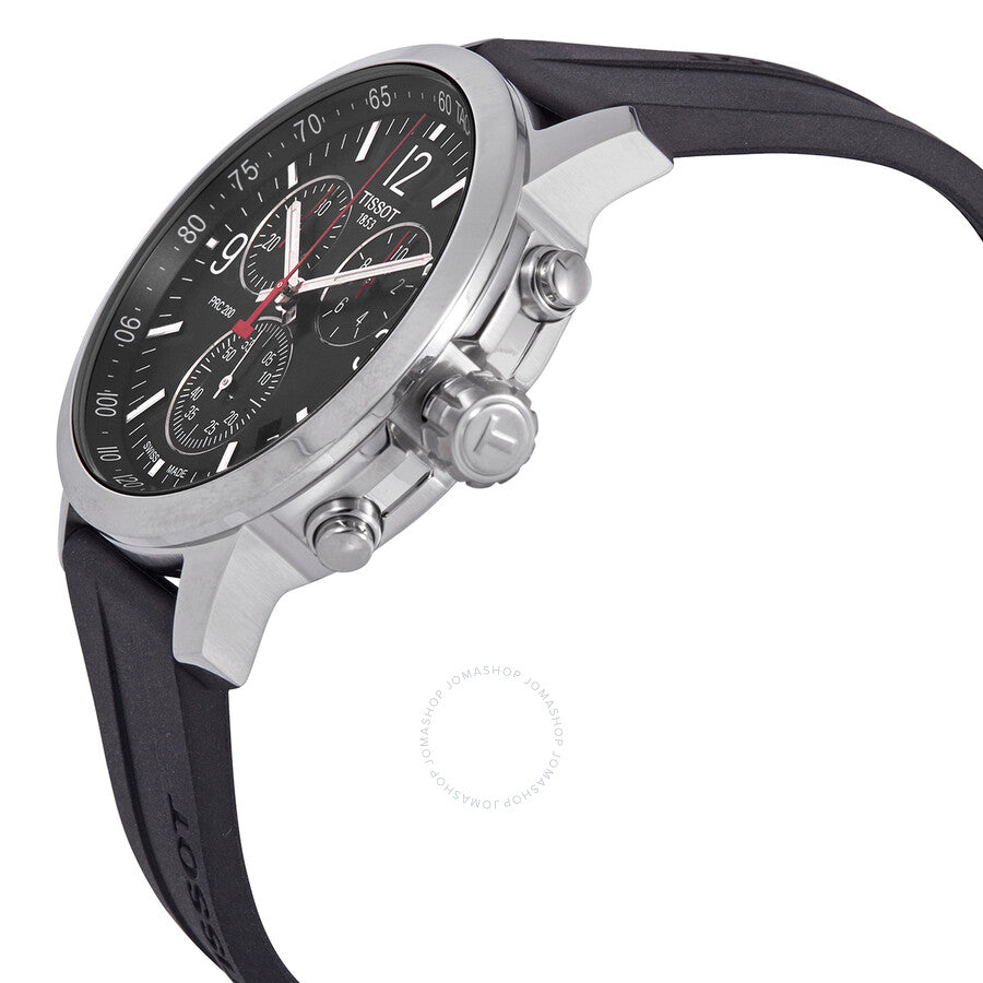 Side angle view of Tissot PRC 200 showing stainless steel case, chronograph pushers, and black rubber strap