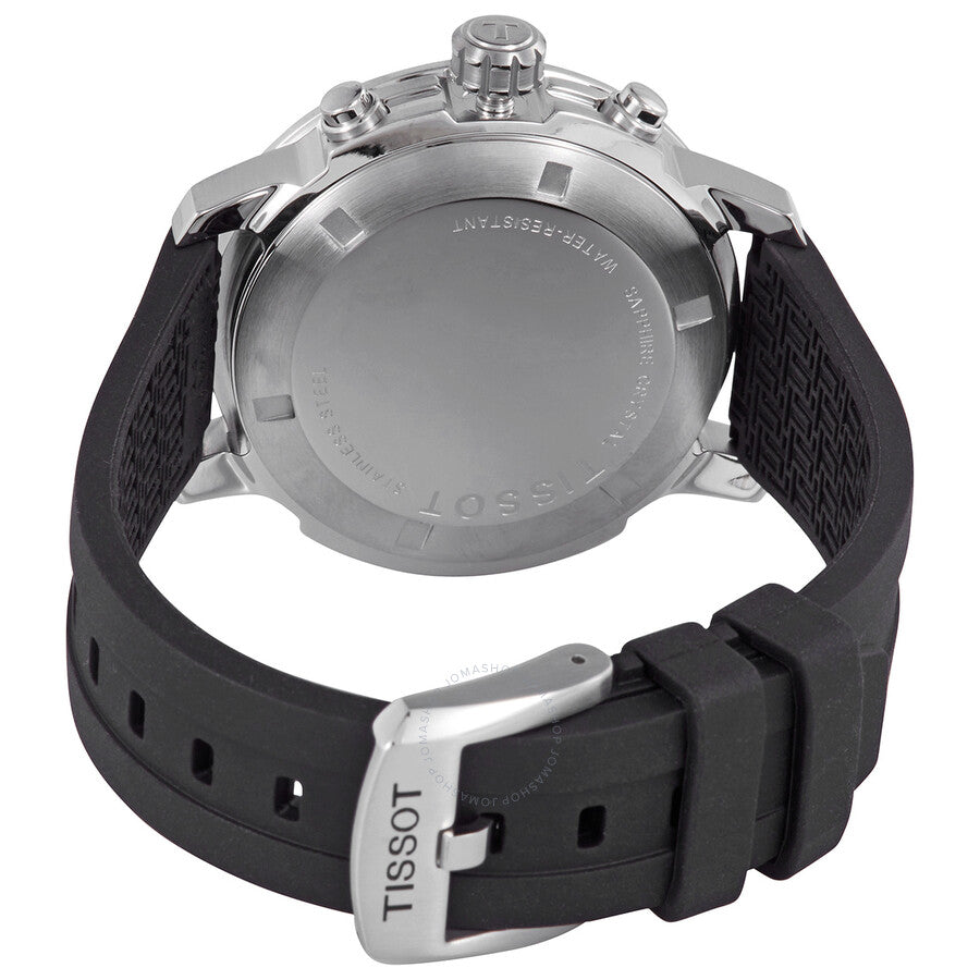Caseback view of Tissot PRC 200 chronograph watch showing stainless steel case back and black rubber strap