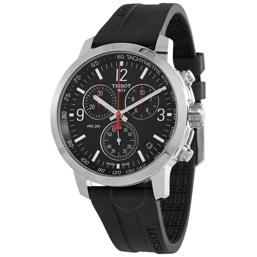 Tissot PRC 200 chronograph quartz watch with black dial, stainless steel case, and black rubber strap