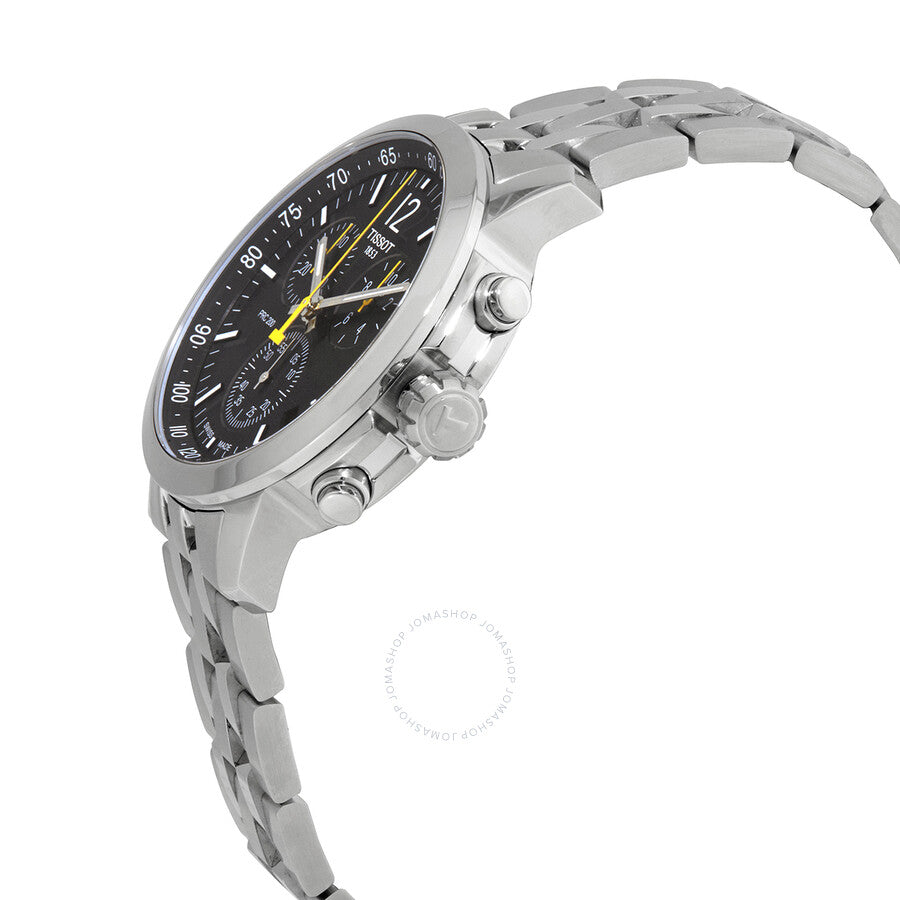 Tissot PRC 200 chronograph watch shown from angle view, stainless steel bracelet and case visible