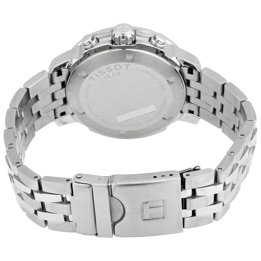 Tissot PRC 200 watch caseback showing stainless steel case and folding clasp bracelet