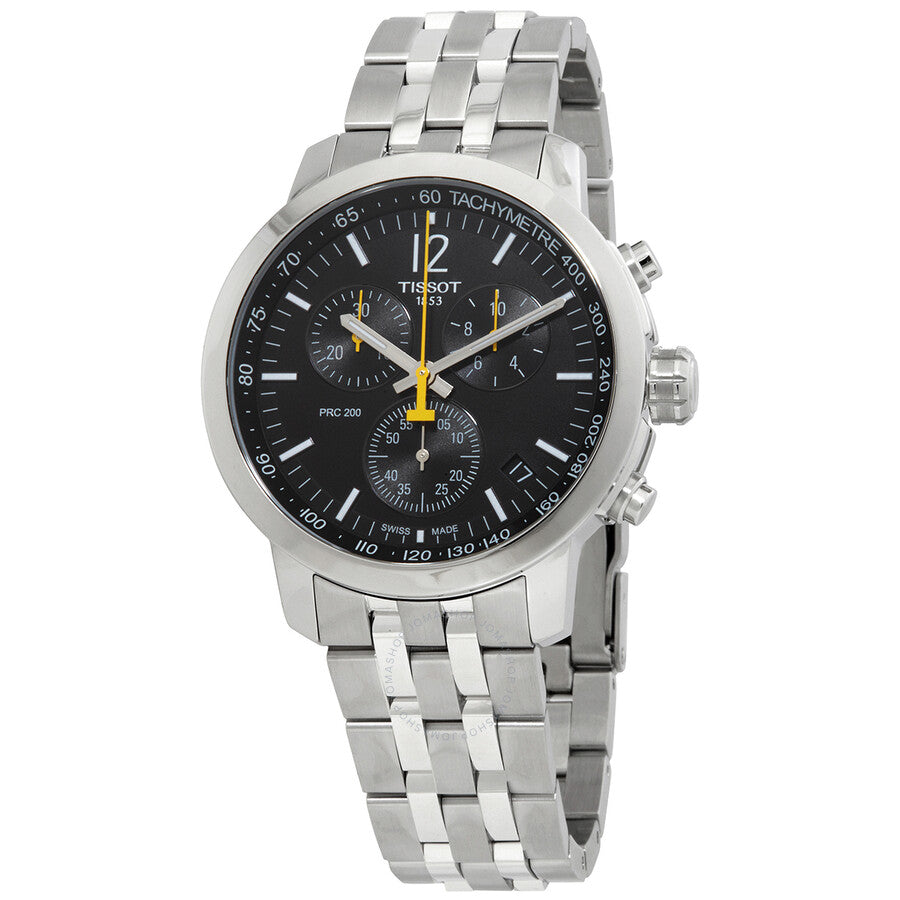 Tissot PRC 200 chronograph men's watch with black dial, stainless steel case and bracelet, yellow hands