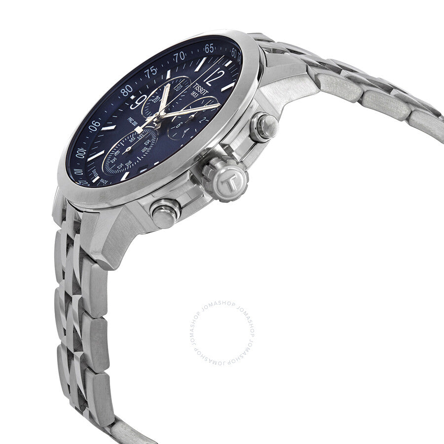 Tissot PRC 200 chronograph watch angled side view showing blue dial and stainless steel bracelet
