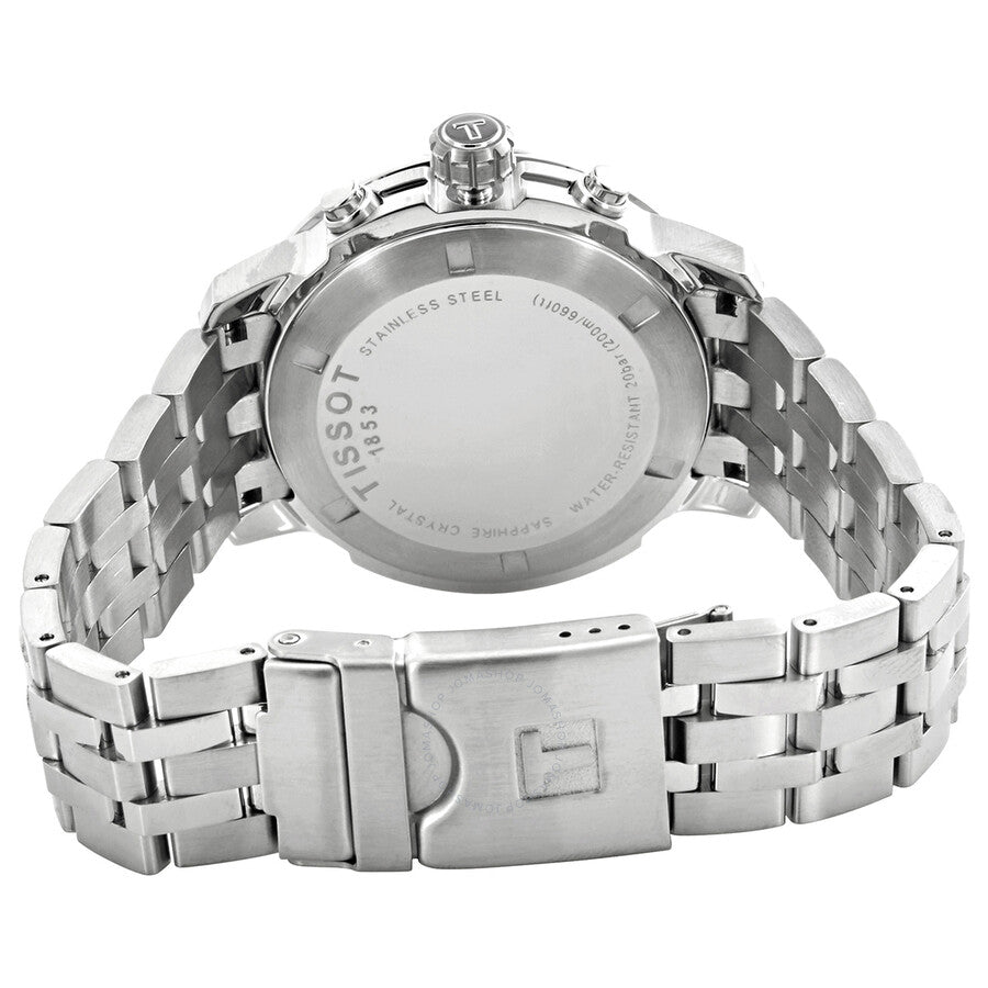 Tissot PRC 200 caseback showing stainless steel case back with engraved text and bracelet clasp