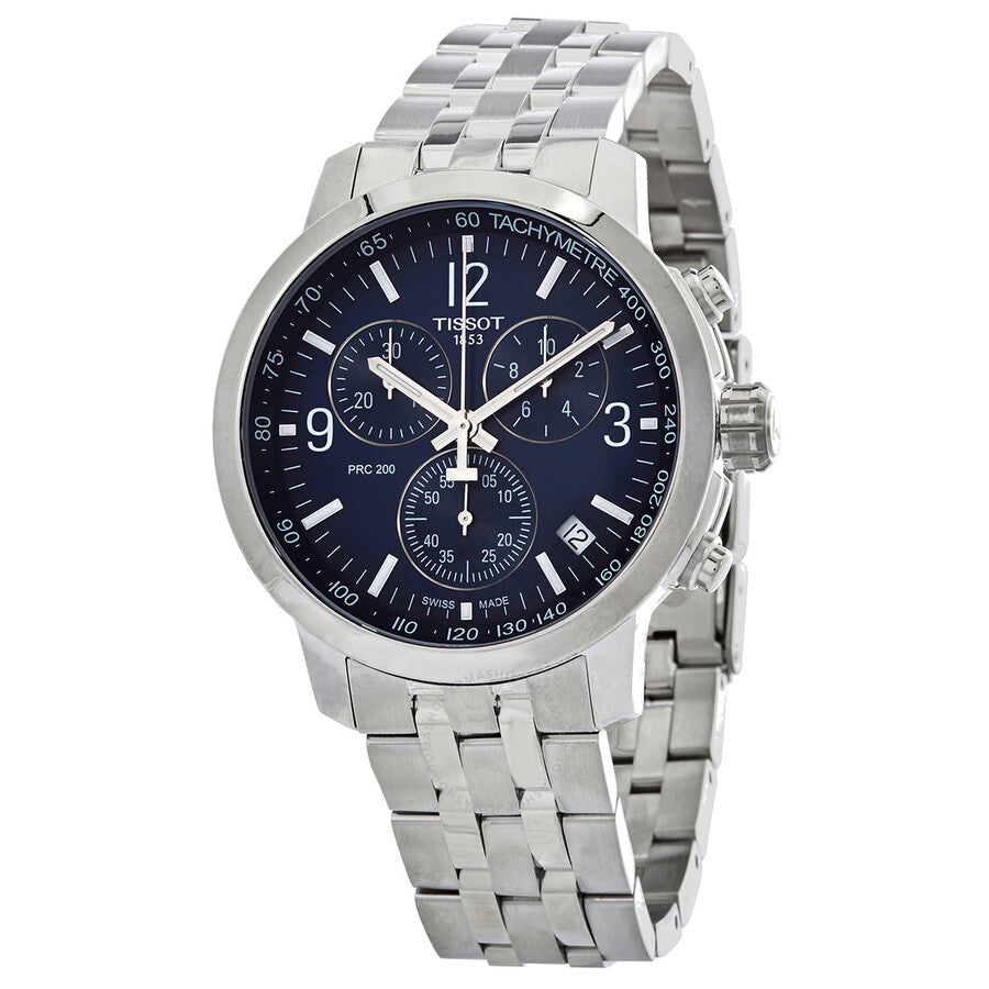 Tissot PRC 200 chronograph quartz watch with blue dial, silver stainless steel case and three subdials