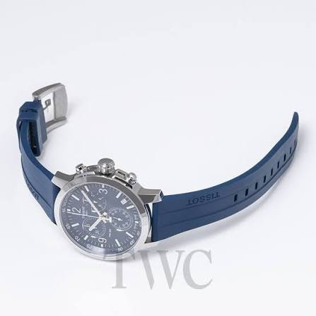 Tissot PRC 200 Chronograph watch displayed at angle showing side profile with blue strap