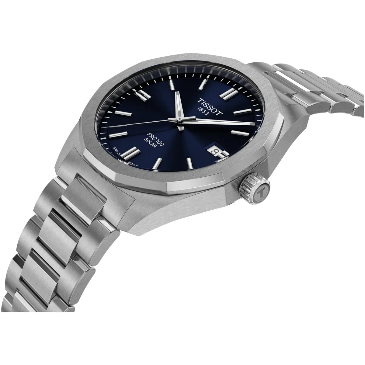 Tissot PRC100 Solar watch on angle showing blue dial and stainless steel bracelet