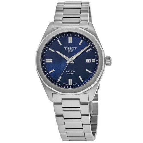 Tissot PRC100 Solar stainless steel watch with blue dial and date window