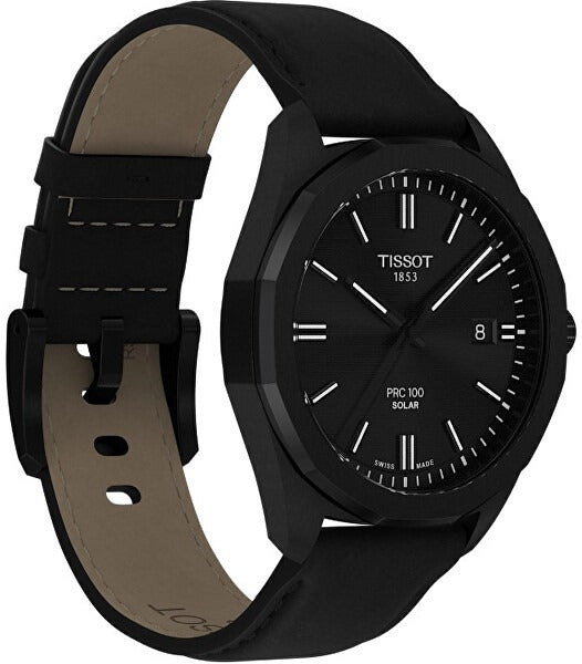 Tissot PRC100 Solar black watch on wrist with black leather strap