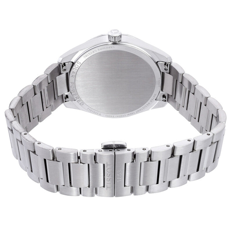 Tissot PRC100 caseback view showing stainless steel bracelet