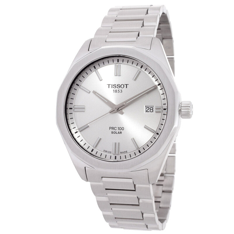 Tissot PRC100 solar-powered men's watch with silver dial and stainless steel bracelet