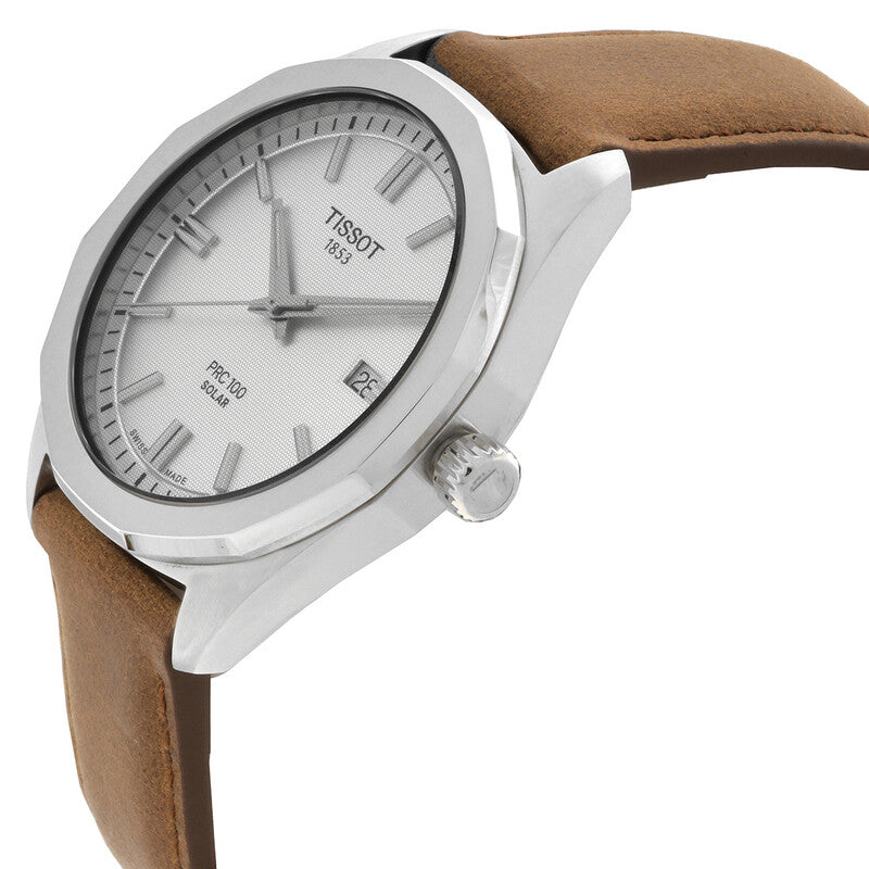 Tissot PRC100 watch at angle showing silver dial, case and brown leather strap