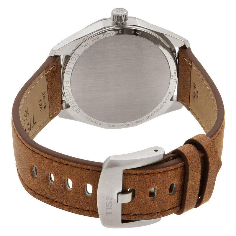 Tissot PRC100 caseback showing stainless steel back plate and brown leather strap
