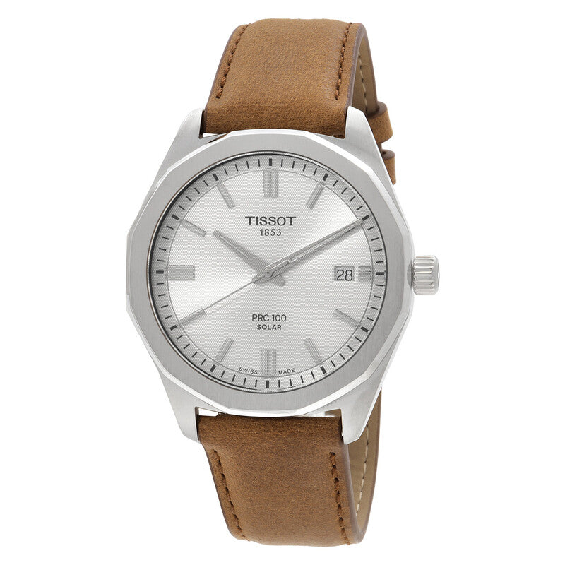 Tissot PRC100 men's watch with silver dial and brown leather strap
