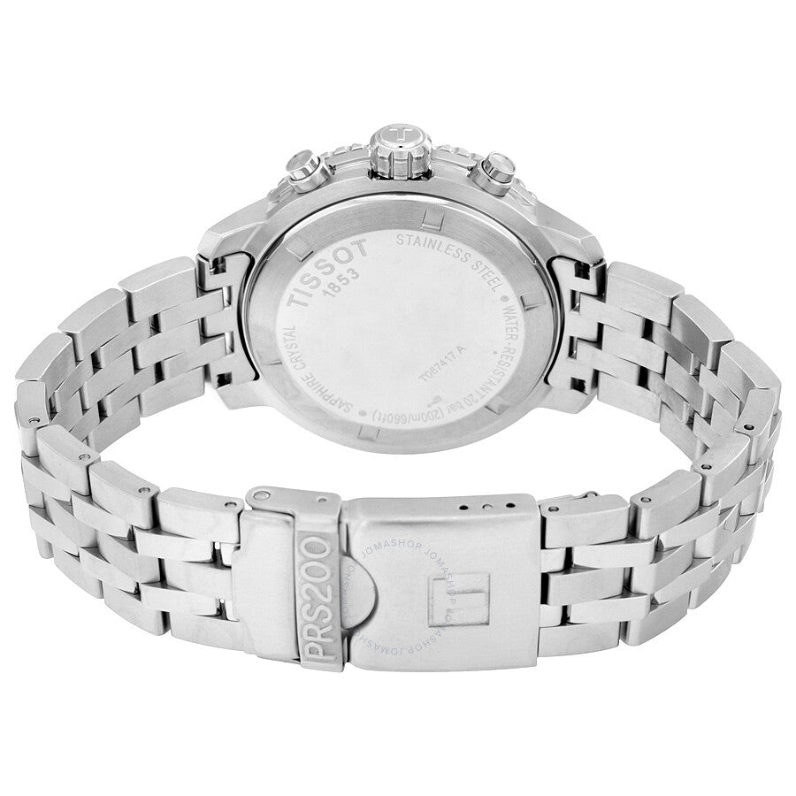 Tissot PRS 200 chronograph watch caseback with stainless steel bracelet visible