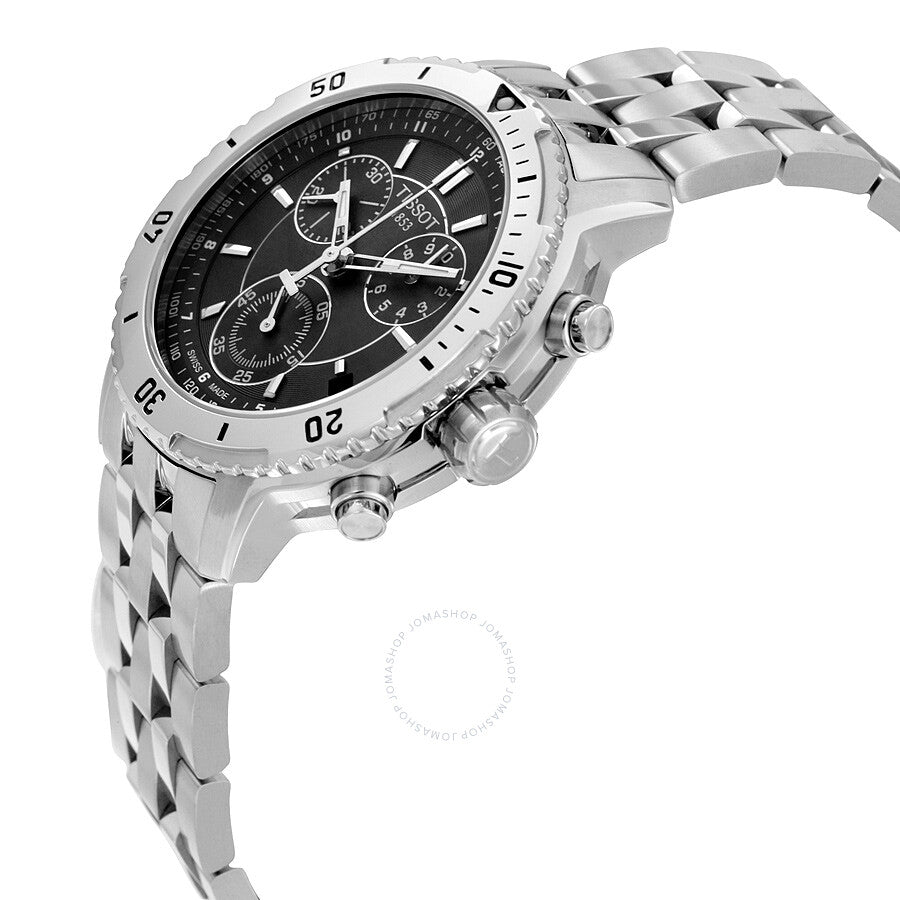 Tissot PRS 200 chronograph watch angled view showing stainless steel bracelet and case profile