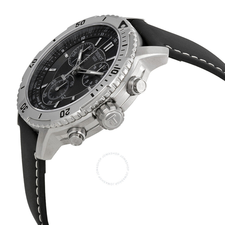 Tissot PRS 200 chronograph side view showcasing stainless steel case and chronograph pushers