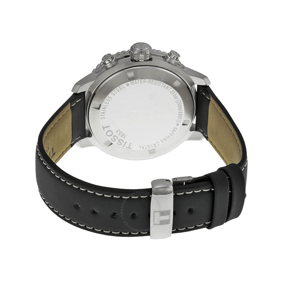 Tissot PRS 200 caseback with engraved text and black leather strap with stitching