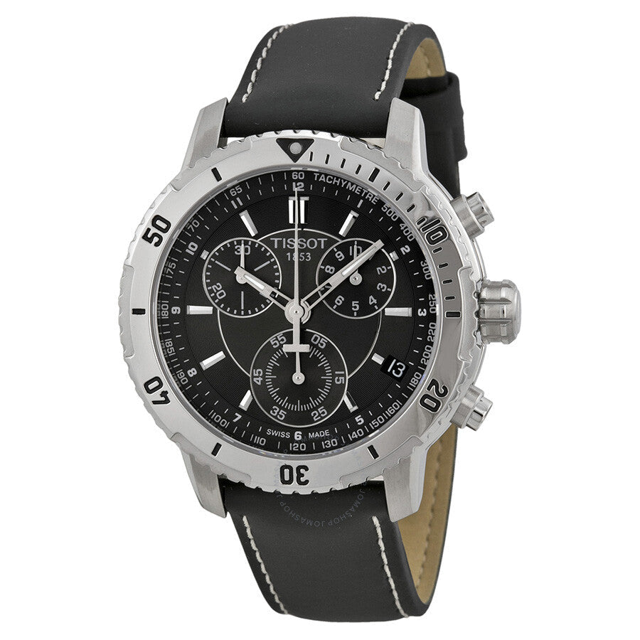 Tissot PRS 200 chronograph watch with black dial, stainless steel case, and black leather strap