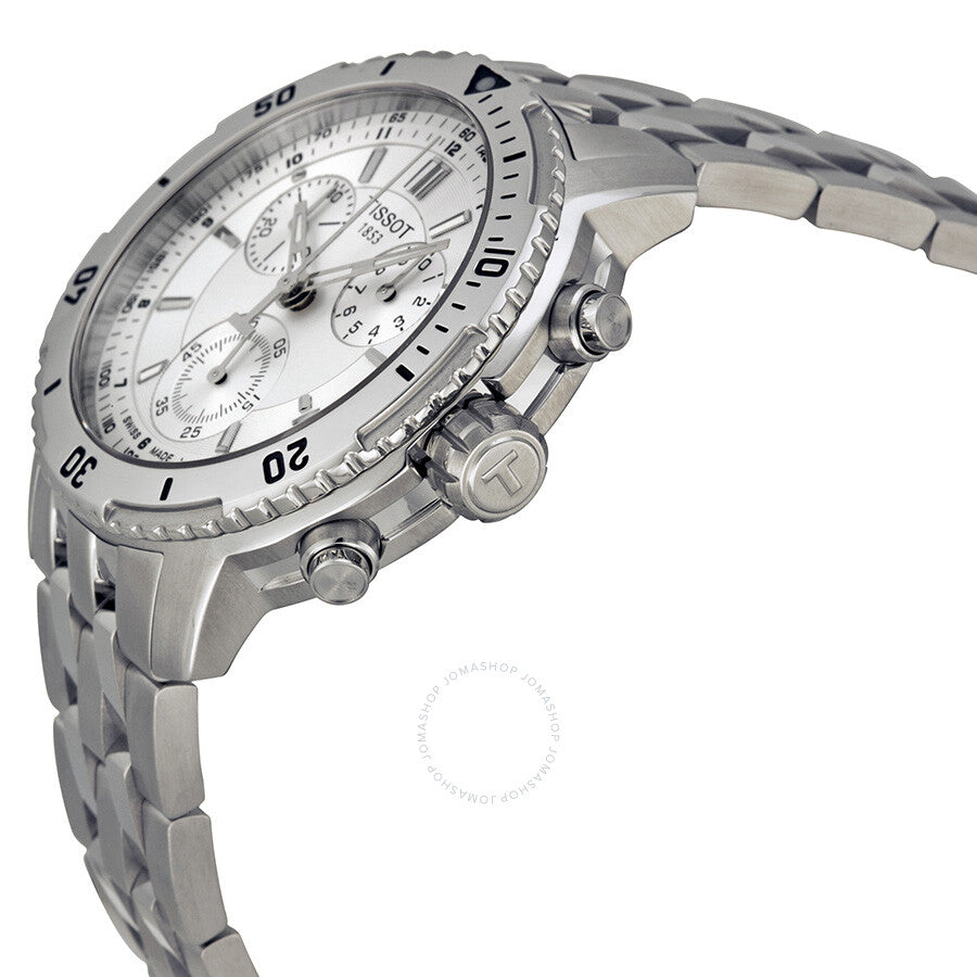 Tissot PRS 200 chronograph side profile showing stainless steel case and strap