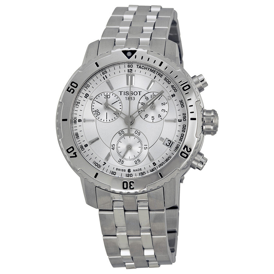 Tissot PRS 200 chronograph with silver dial and stainless steel bracelet