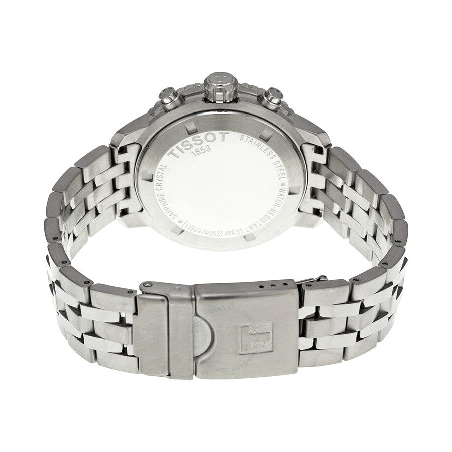 Caseback view of Tissot PRS 200 watch with stainless steel bracelet and fold clasp