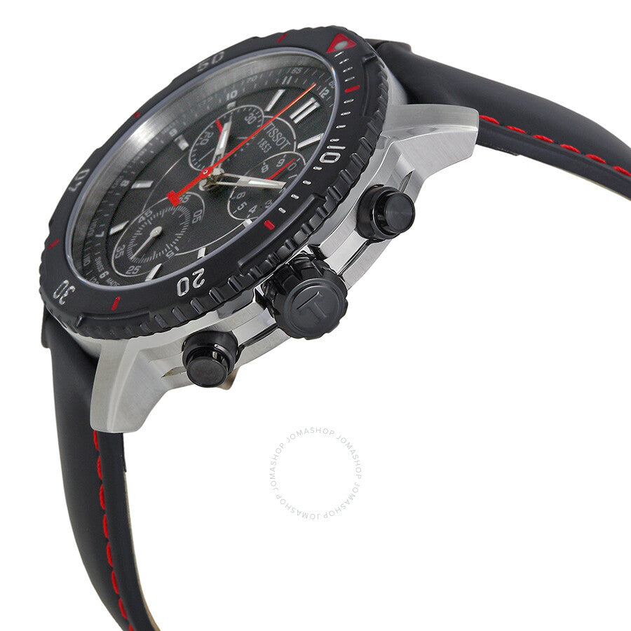 Angled side view of Tissot PRS 200 chronograph showing steel case, bezel, and red-stitched black leather strap