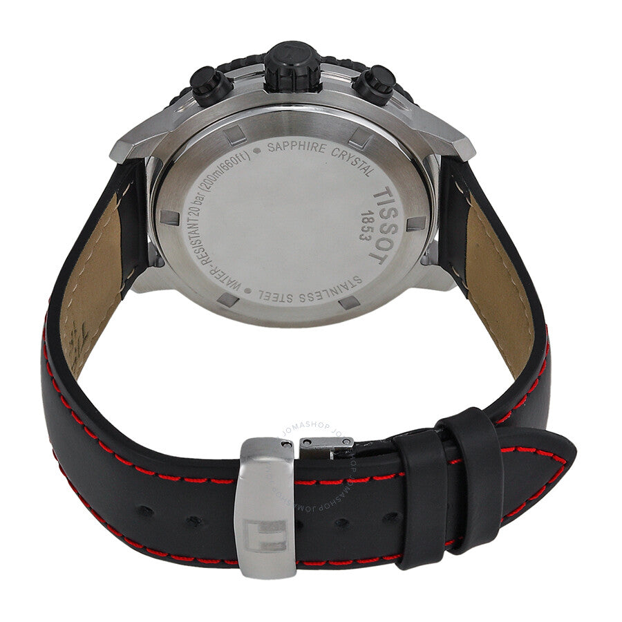 Tissot PRS 200 caseback showing sapphire crystal and engraved stainless steel case back