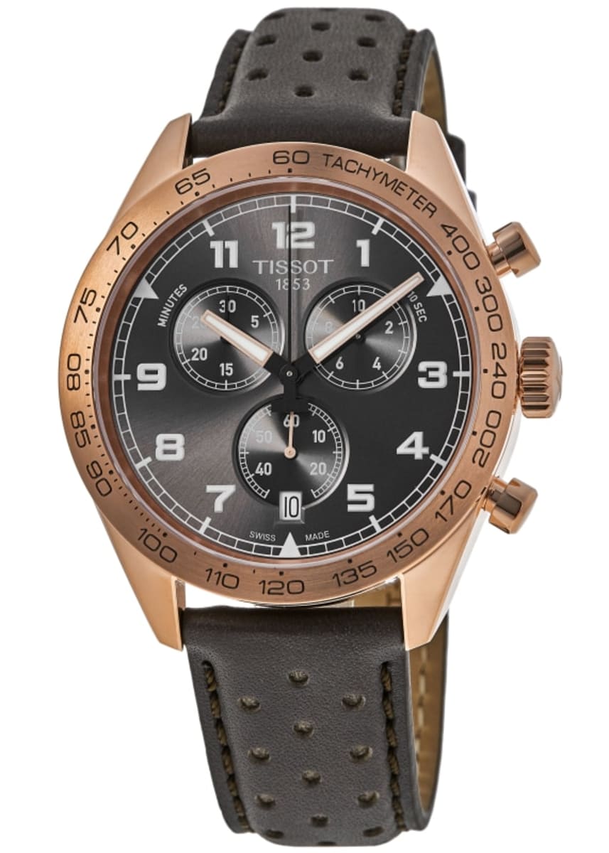Tissot PRS 516 watch at angle showing grey dial and rose gold case with tachymeter bezel