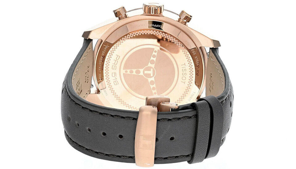Tissot PRS 516 watch caseback detail with rose gold case and leather strap