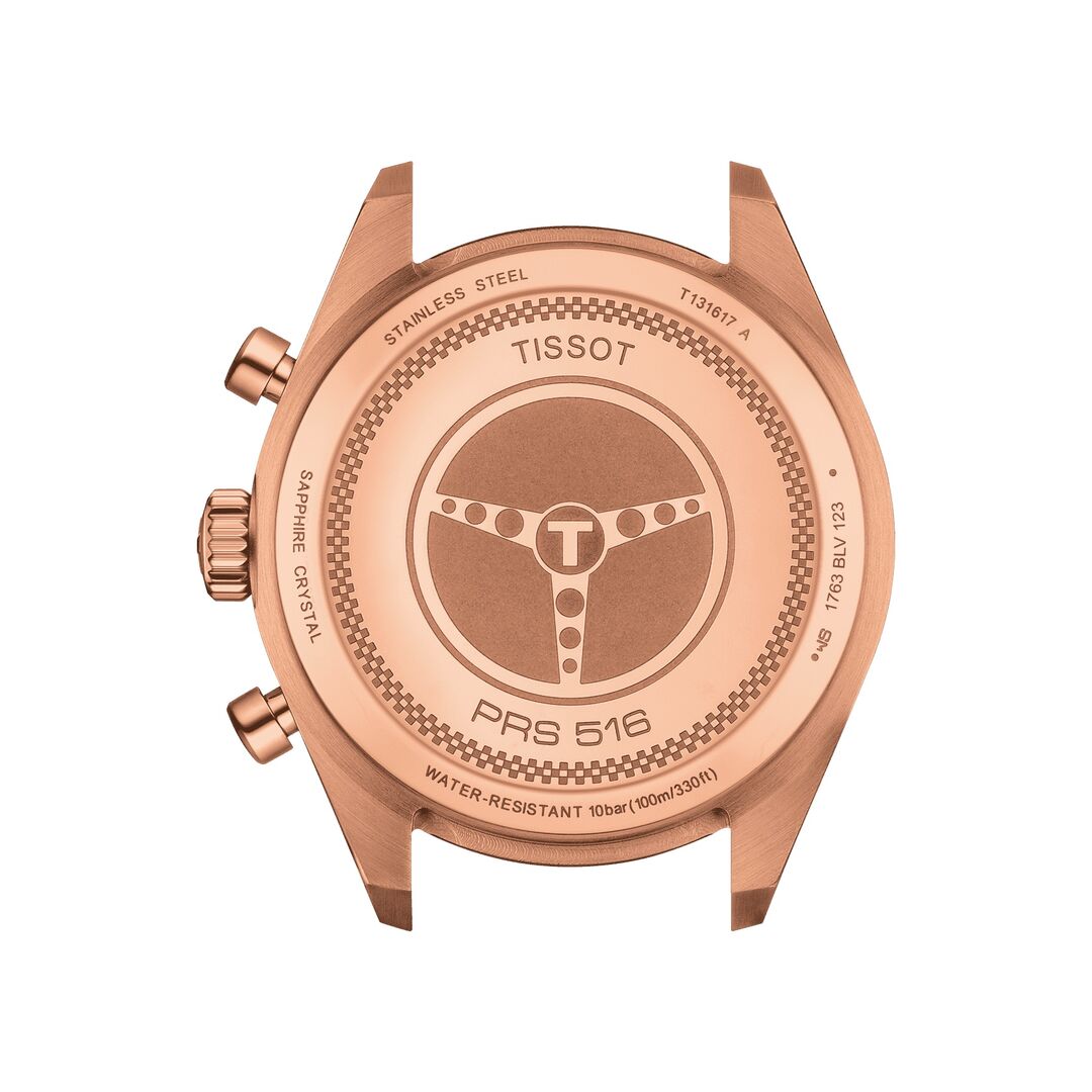 Tissot PRS 516 caseback showing rose gold case with engraved model name and specifications