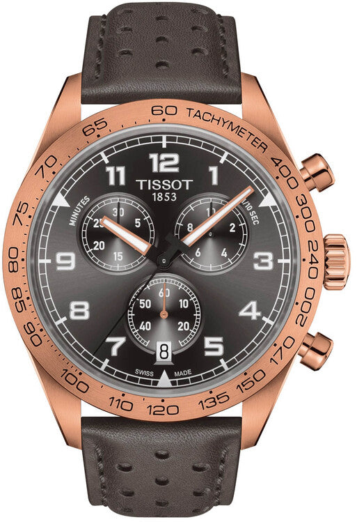 Tissot PRS 516 chronograph watch with grey dial, rose gold case, and dark leather strap