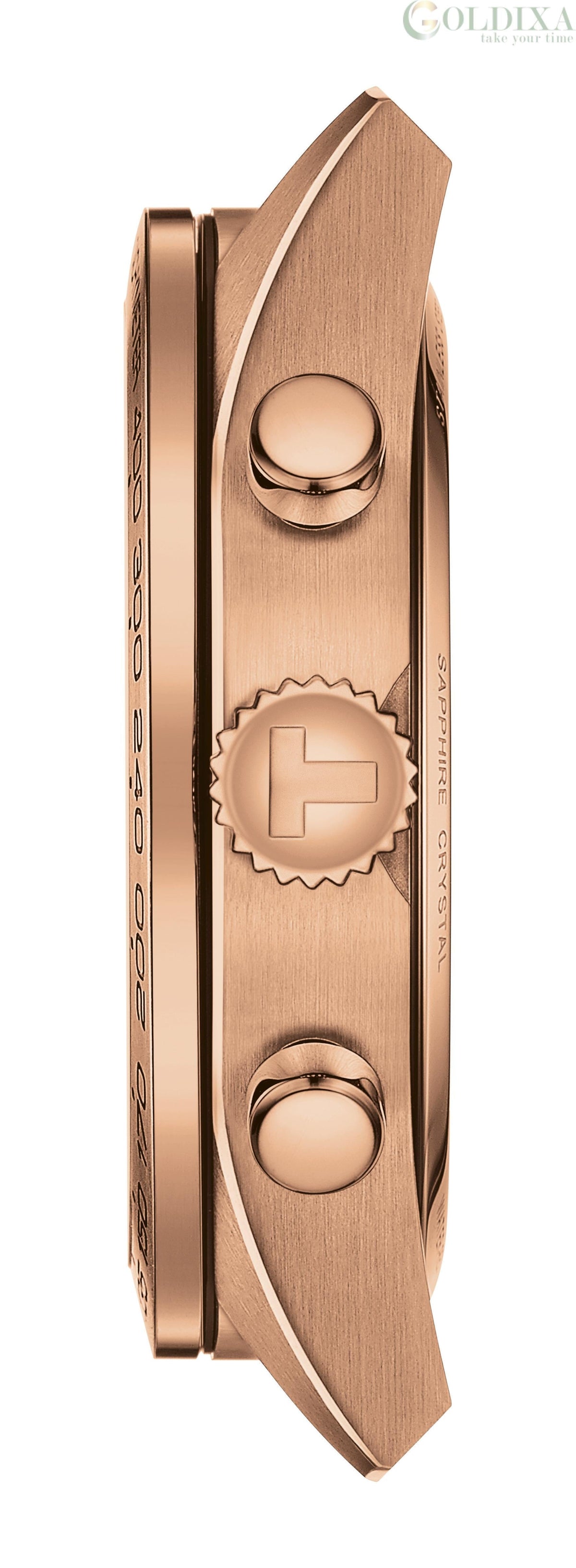Tissot PRS 516 watch side profile showing rose gold case and dark leather strap