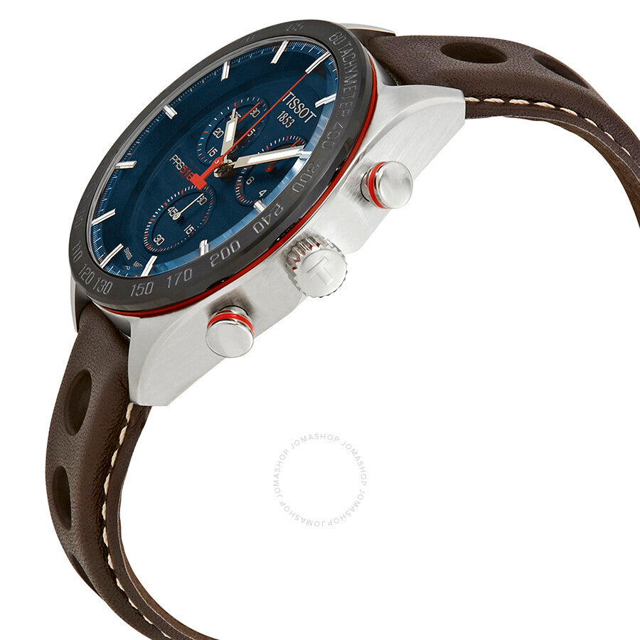 Tissot PRS 516 Chronograph side view showing chronograph pushers and brown leather strap