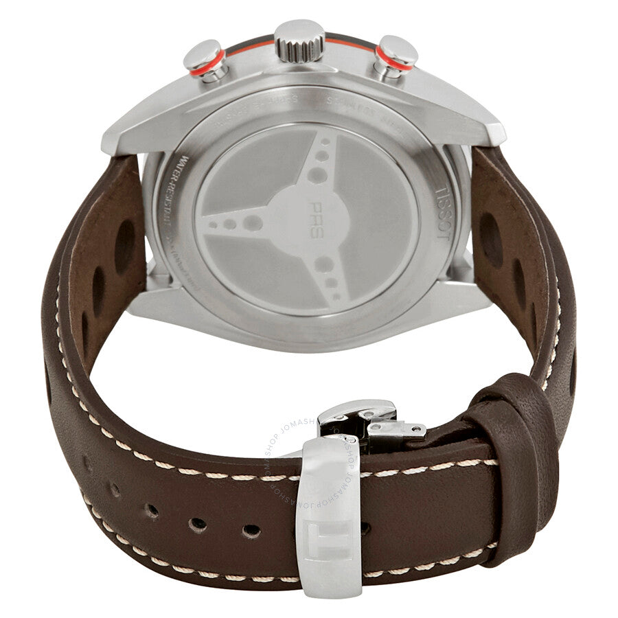 Tissot PRS 516 Chronograph caseback showing transparent display and brown leather strap