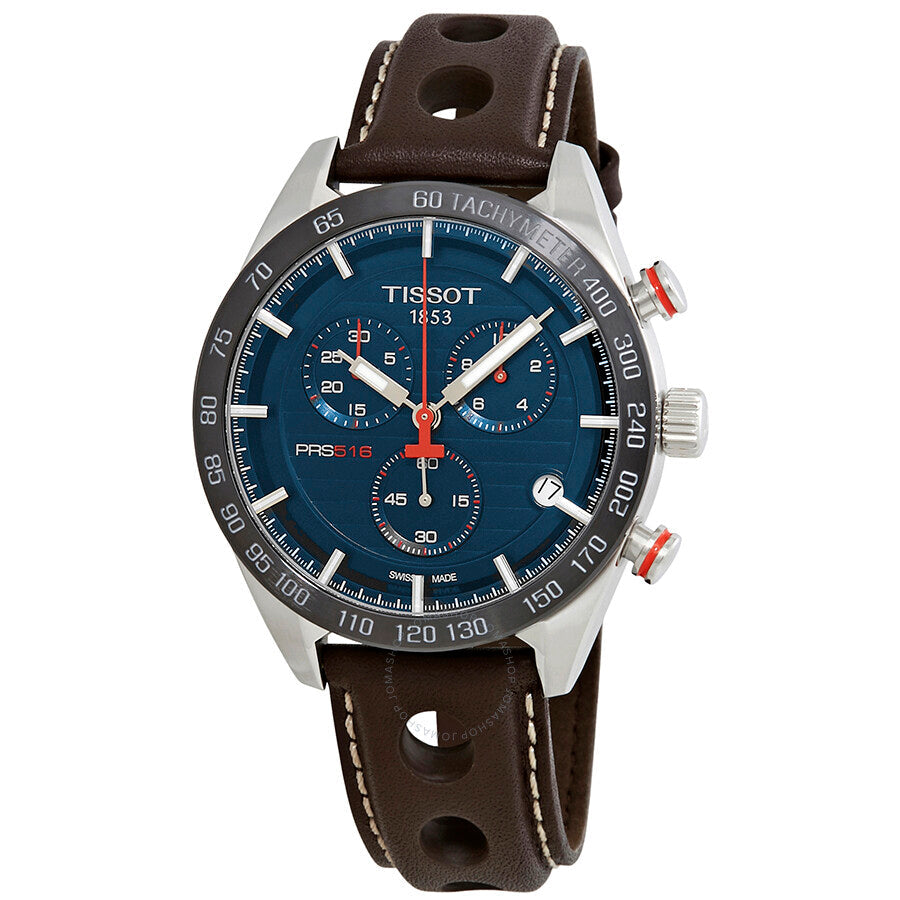 Tissot PRS 516 Chronograph with blue dial, stainless steel case, and brown leather strap