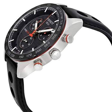 Tissot PRS 516 chronograph watch displaying side profile with pushers and crown visible