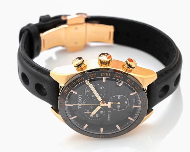 Tissot PRS 516 Chronograph on wrist showcasing rose gold case and black dial