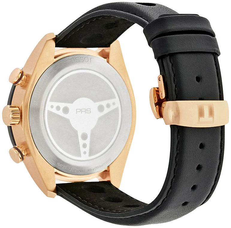 Tissot PRS 516 case back showing rose gold case and black leather strap
