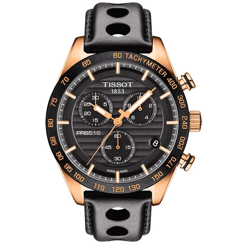 Tissot PRS 516 Chronograph with black dial, rose gold case, and tachymeter bezel