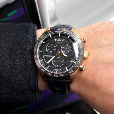 Tissot PRS 516 Chronograph worn on wrist with black dial and rose gold pushers