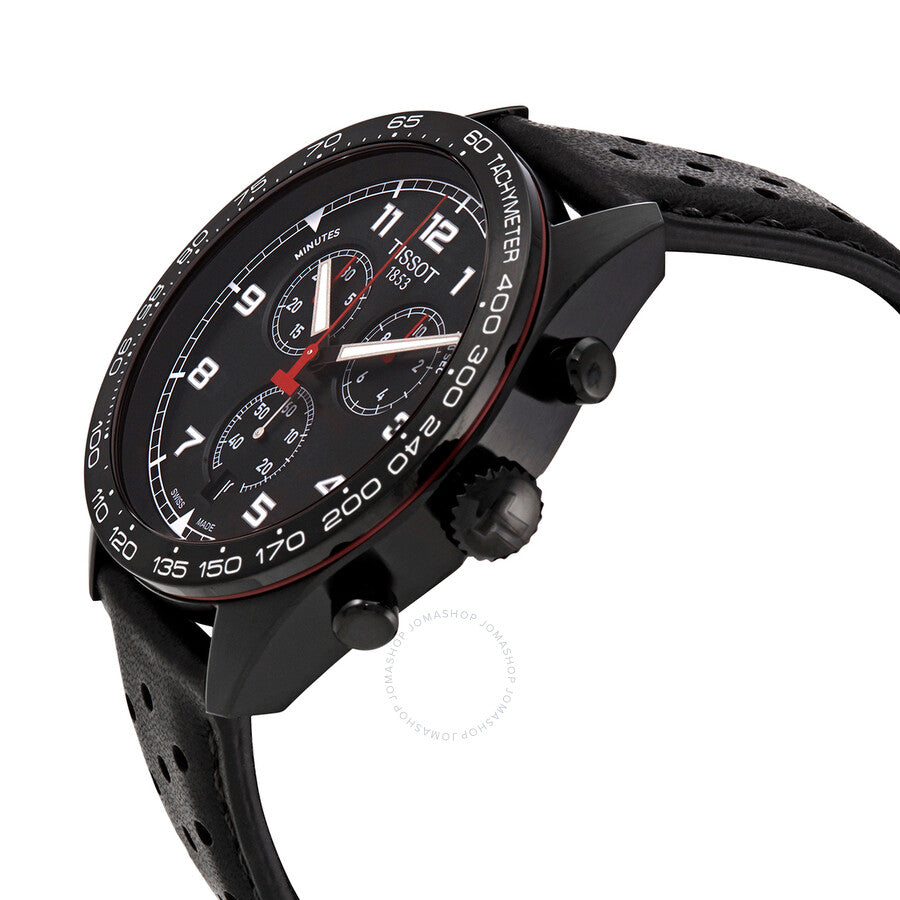 Tissot PRS 516 chronograph watch at angle showing black case profile and red accents